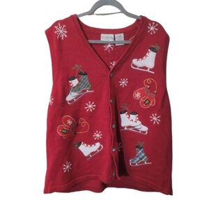 Holiday Basic Editions Ugly Festive Red Sweater Vest Ice Skates Winter Fun 2X
